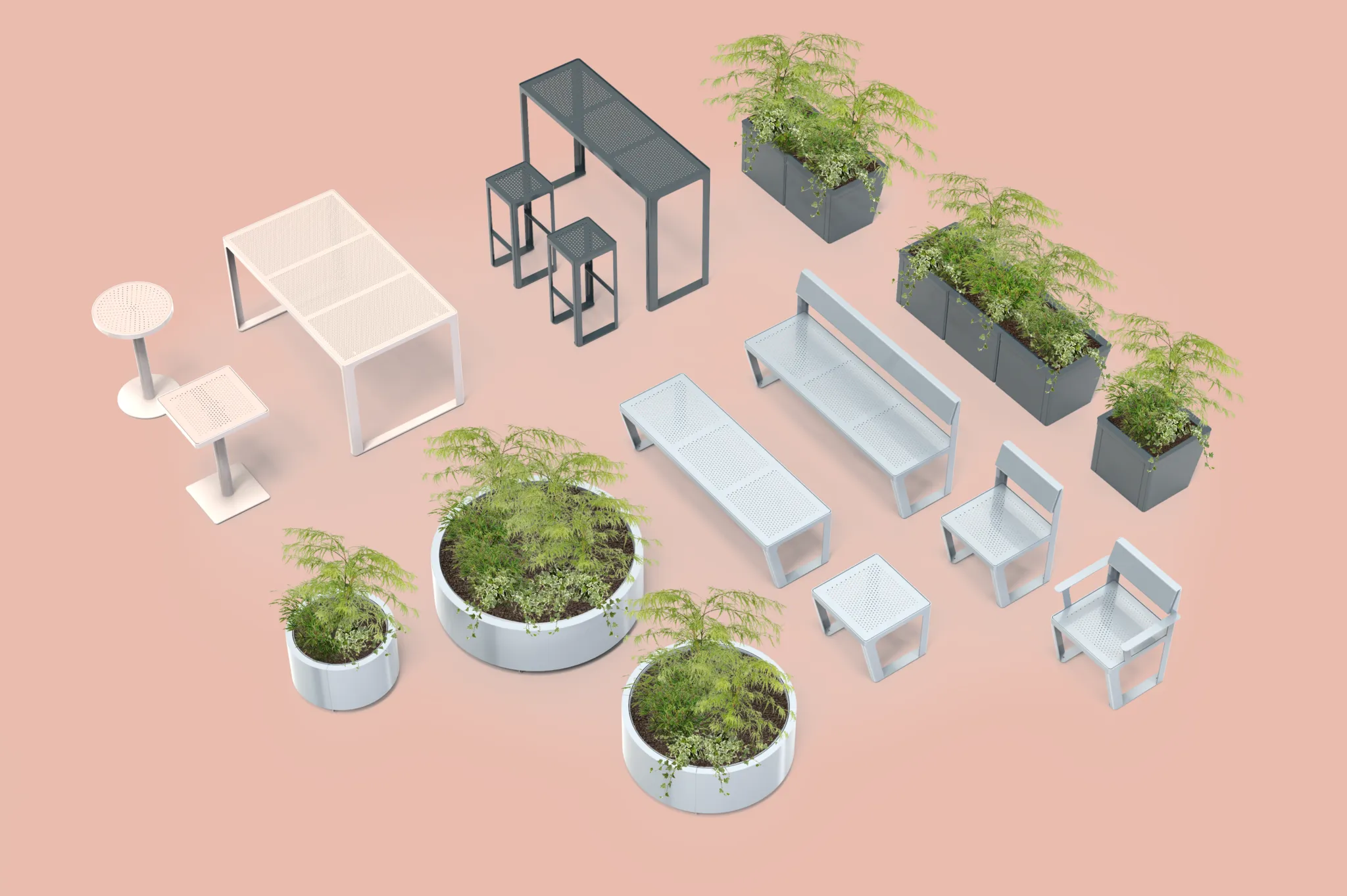 Visualisering av terrassen med picknickborden