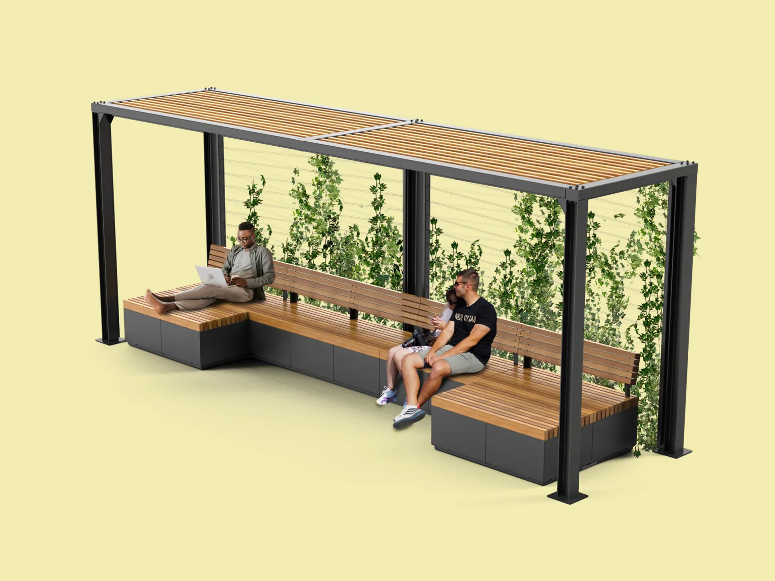 en pergola med bänkar