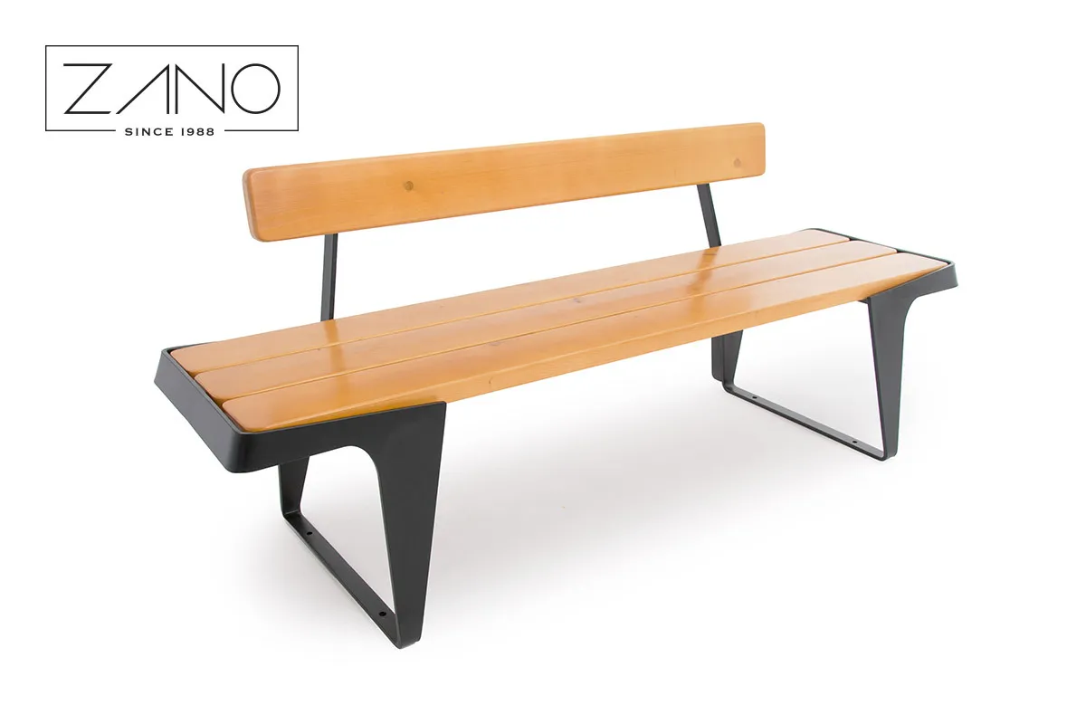 En minimalistisk bänk i stål och trä med ryggstöd