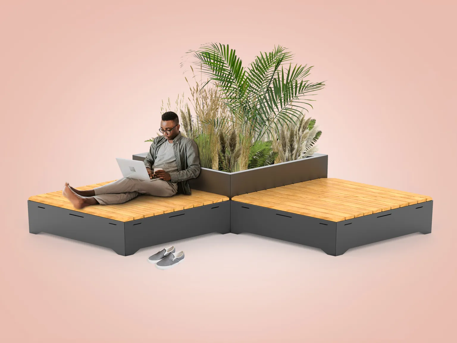 en komposition av bänkar och planteringskärl ur Origami-serien