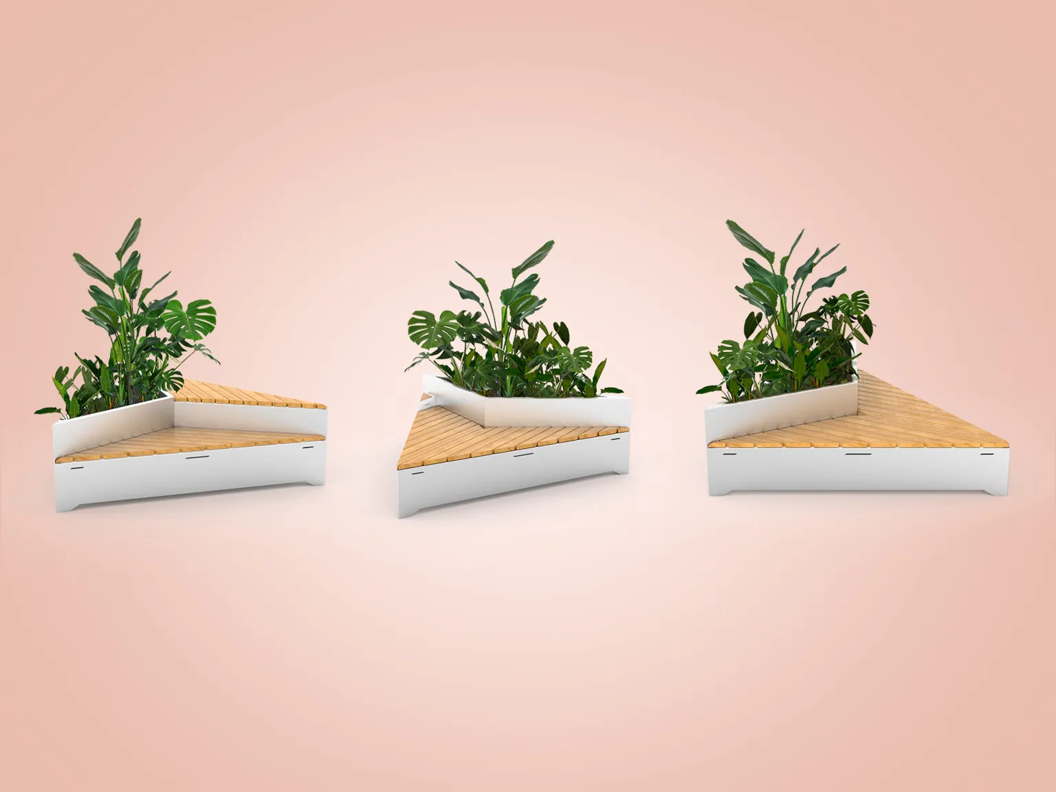 placeringen av bänkar och origami-planteringskärl på viloplatserna