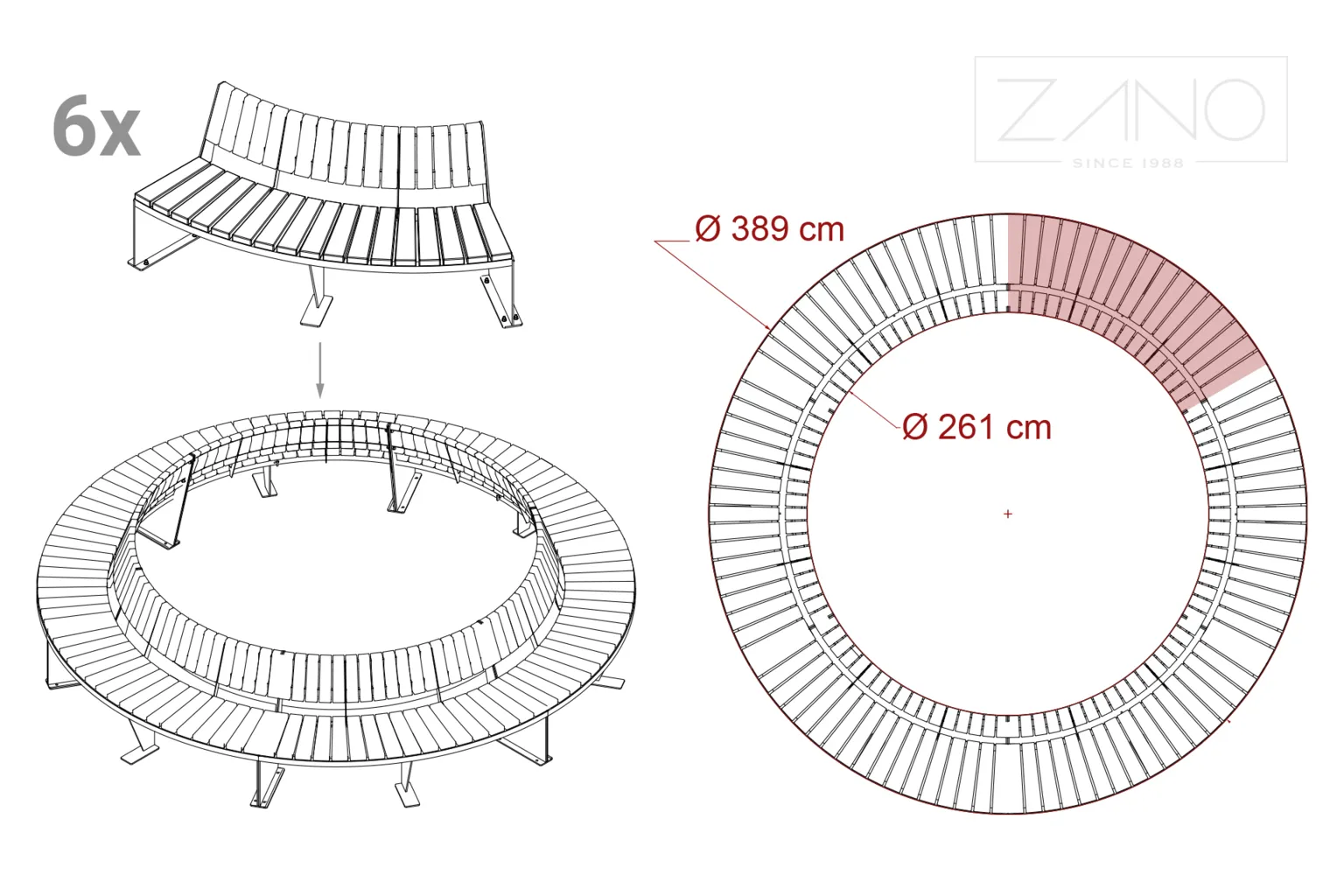 Den cirkulära kompositionen av Domino 60-gradersbänkar