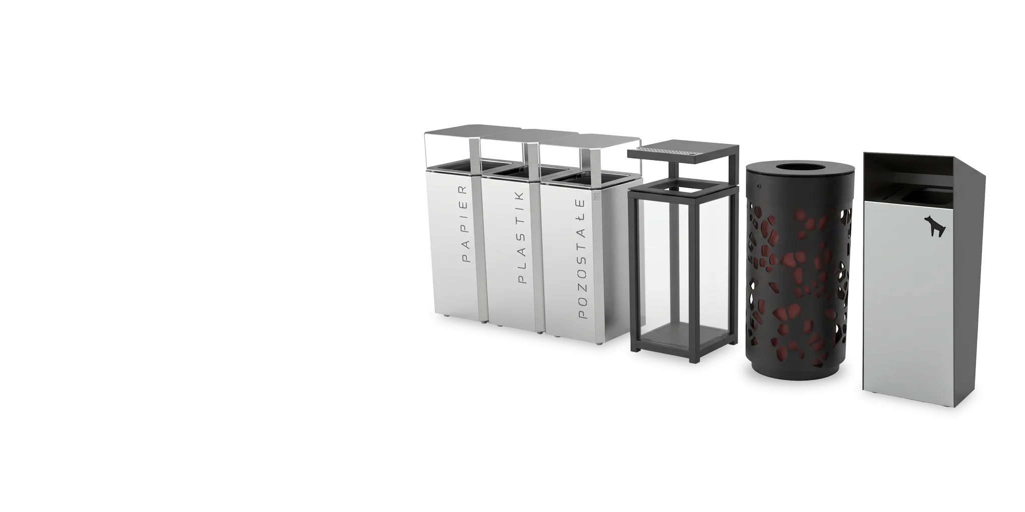 Set med källsorteringskorgar i stål, en perforerad cylinderkorg samt en hundlatrin med tak.
