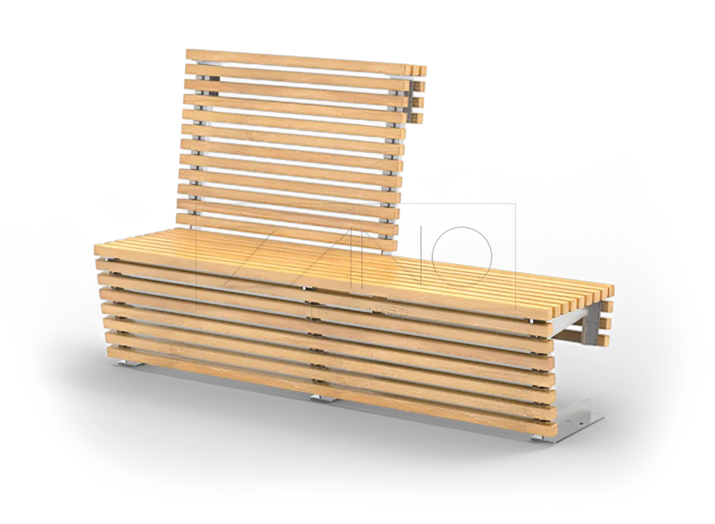 En träbänk med ryggstöd och extra sittplats