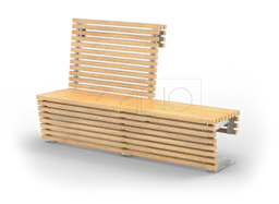 En träbänk med ryggstöd och extra sittplats